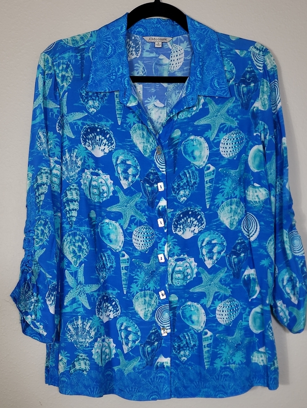 John Mark Seashell Button Up Shirt Size Small Teal Blue Coastal Boho Artsy Resor